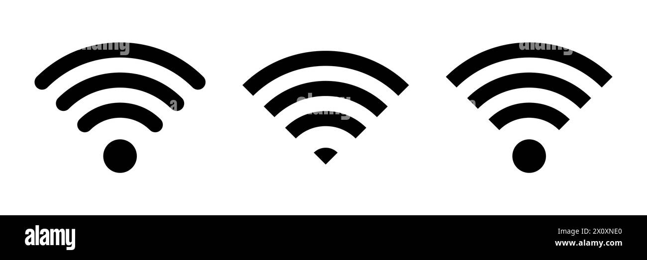 Set di icone vettoriali Wi-Fi per comunicazioni e telecomunicazioni. Livello del segnale wireless di comunicazione wi-fi. Illustrazione Clipart. Stato della barra mobile. Illustrazione Vettoriale