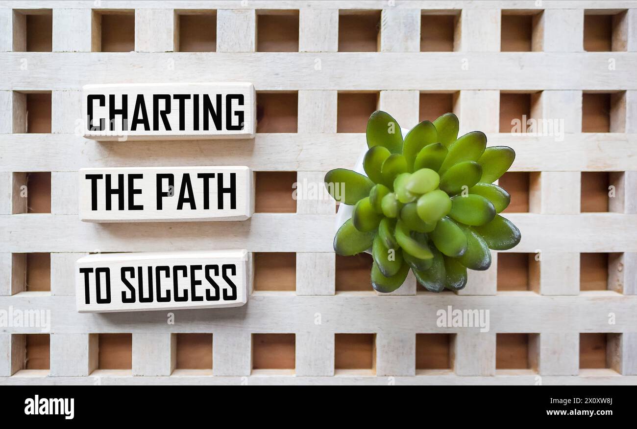 Delineare il percorso verso il successo, messaggio su blocchi di legno e sfondo vintage con fiori su sfondo vintage Foto Stock