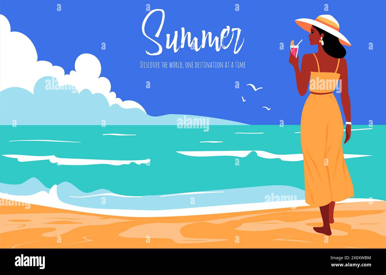 Design del concept Summer and Travel. Giovane donna con cocktail che guarda su una spiaggia tropicale con palme Illustrazione Vettoriale