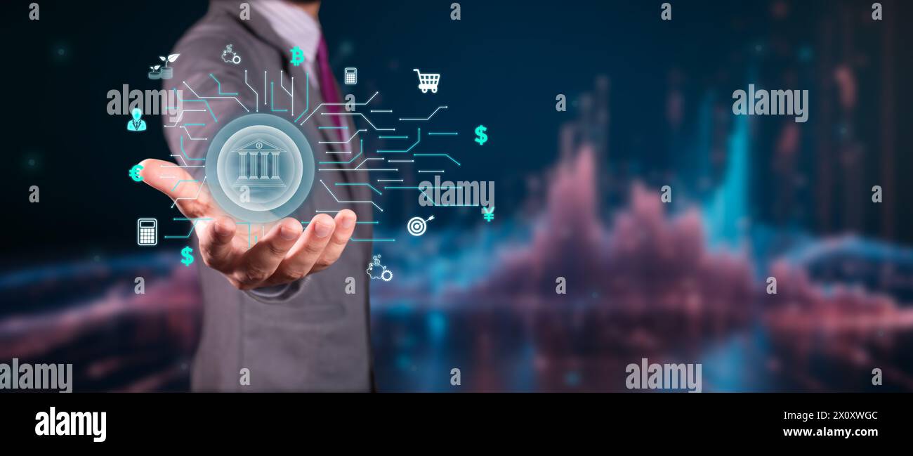 Tecnologia di e-governance, l'imprenditore gestisce e garantisce la governance elettronica sicura delle imprese nell'era della connettività globale Foto Stock