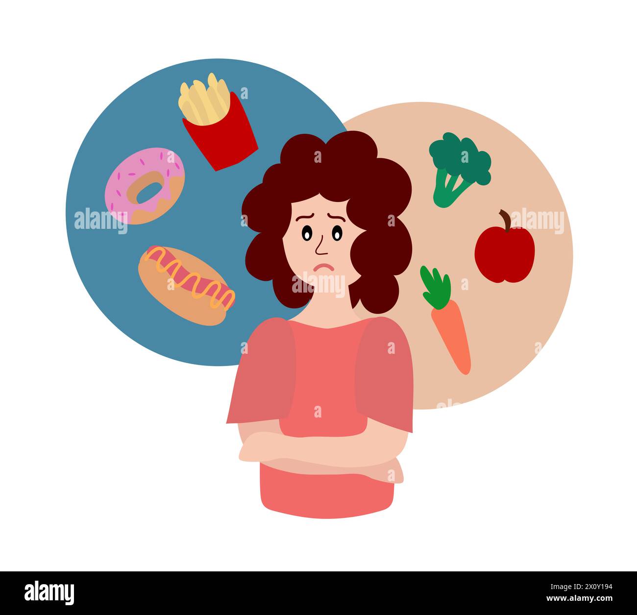 Disturbo alimentare. Una donna triste si preoccupa di essere sovrappeso. Mangiare troppo, bulimia, anoressia. Concetto di dipendenza dal cibo. Illustrazione Vettoriale