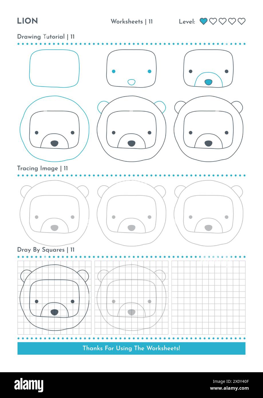 Come disegnare Doodle Animal Lion, Cartoon Character Step by Step Drawing Tutorial. Fogli di lavoro attività per bambini Illustrazione Vettoriale