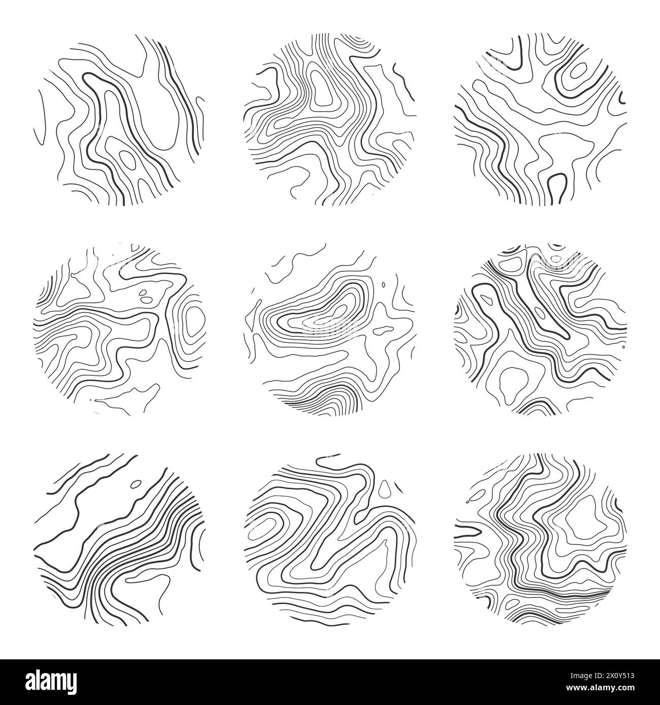 Mappa topografica con linee di contorno. Griglia del terreno geografico, altezza di rilievo. Schema del percorso di massa. Viaggi e navigazione, design cartografico Illustrazione Vettoriale