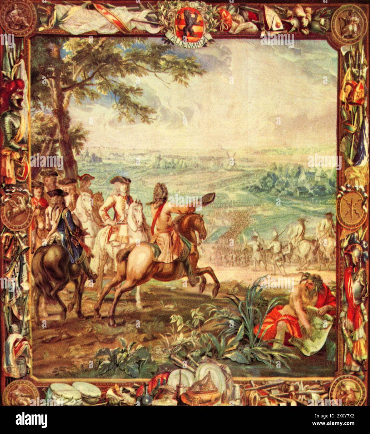 Marlborough nella Battaglia di Oudenarde, 1708. Dopo Judocus de Vos (1661-1734). La battaglia di Oudenarde fu uno dei principali scontri della guerra di successione spagnola. Una forza della grande Alleanza sotto il comando di John Churchill, i duca di Marlborough (1650-1722) e del principe Eugenio di Savoia (1663-1736), combatté una forza francese sotto il comando del duca di Borgogna e del duca di Vendôme, la battaglia che portò alla vittoria della grande Alleanza. Dagli arazzi di Blenheim. Foto Stock