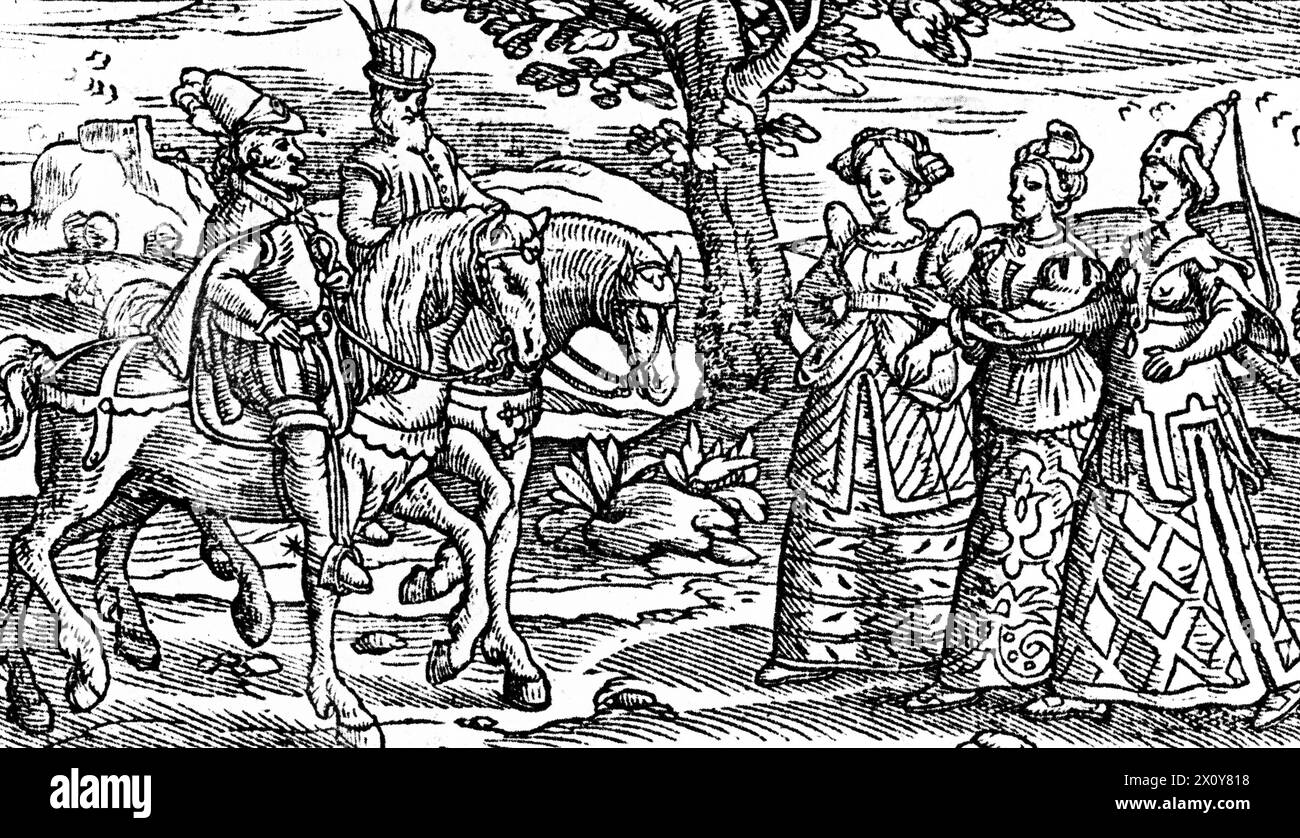 Signori che incontrano le signore, 1577 anni. Questa illustrazione tratta dalle Cronache di Holinshed (Cronache di Holinshed d'Inghilterra, Scozia e Irlanda), ispirò William Shakespeare (c1564-1616), quando scrisse Macbeth. Nello specifico atto 1, scena 3, in cui Macbeth e Banquo incontrano le streghe per la prima volta. Foto Stock
