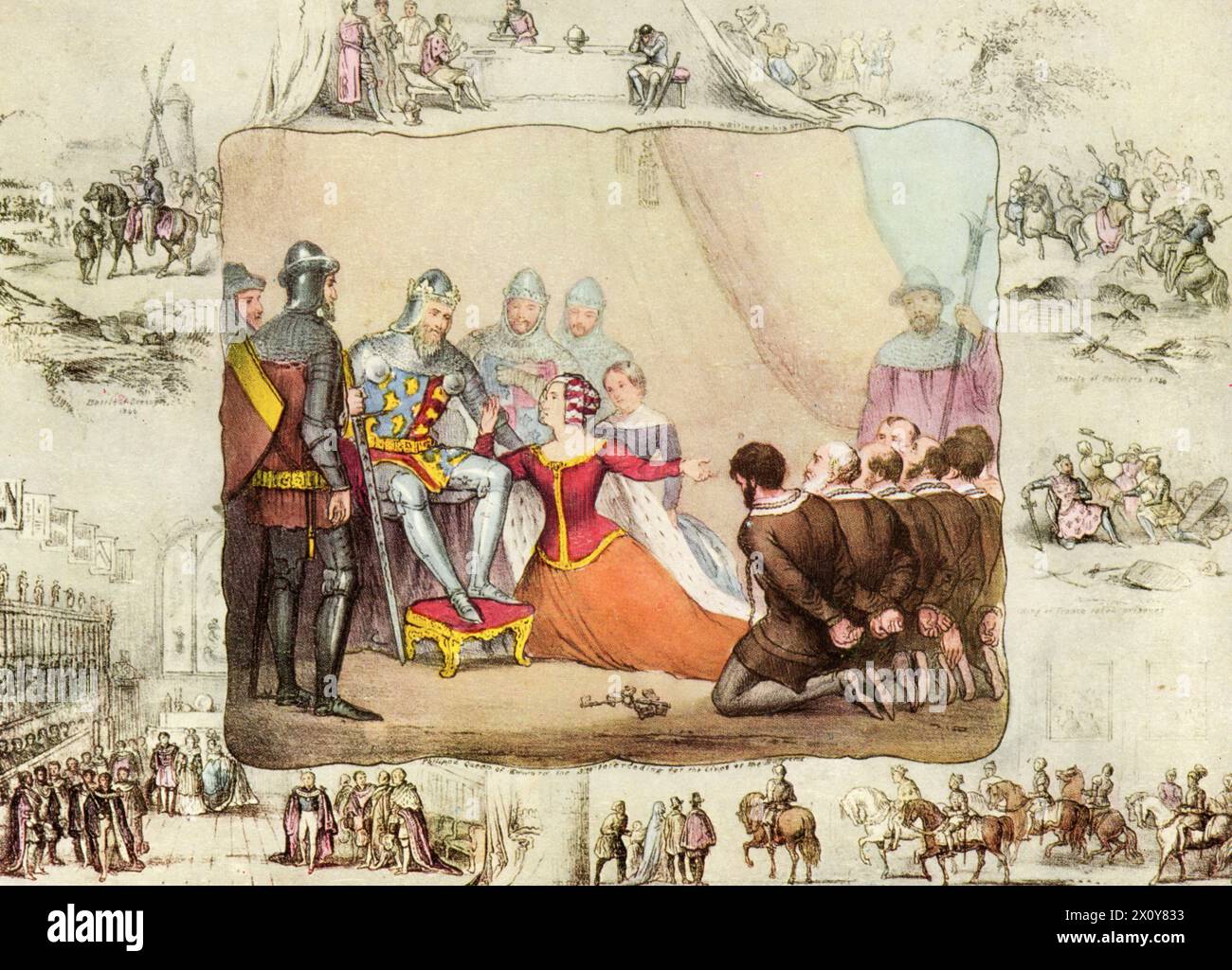 I Burghers di Calais. stampa del xviii secolo. La regina Filippa intercede per i Burghers di Calais. Filippa di Hainault (1310 (o 1315)-1369), regina consorte di Edoardo III (1312-1377), lo persuade a risparmiare le vite dei capi di Calais alla fine dell'assedio inglese della città nel 1347, durante la guerra dei cent'anni. Stampa del XVIII secolo, dalla Darton's Children's Picture Series. Foto Stock