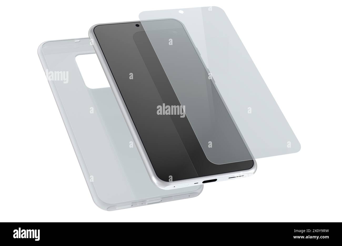 Smartphone con custodia in plastica trasparente in silicone e proteggischermo in vetro, rendering 3D isolato su sfondo bianco Foto Stock