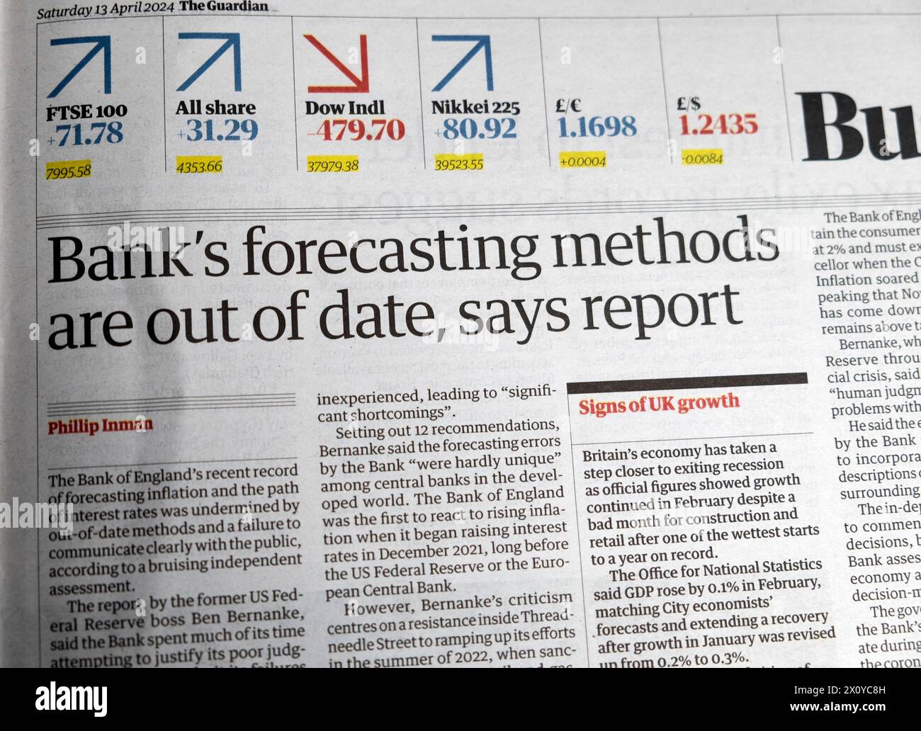"I metodi di previsione della Banca sono obsoleti, dice il rapporto" Guardian, giornale inflazione tassi di interesse, rapporto articolo 13 aprile 2024 Londra Inghilterra Regno Unito Foto Stock