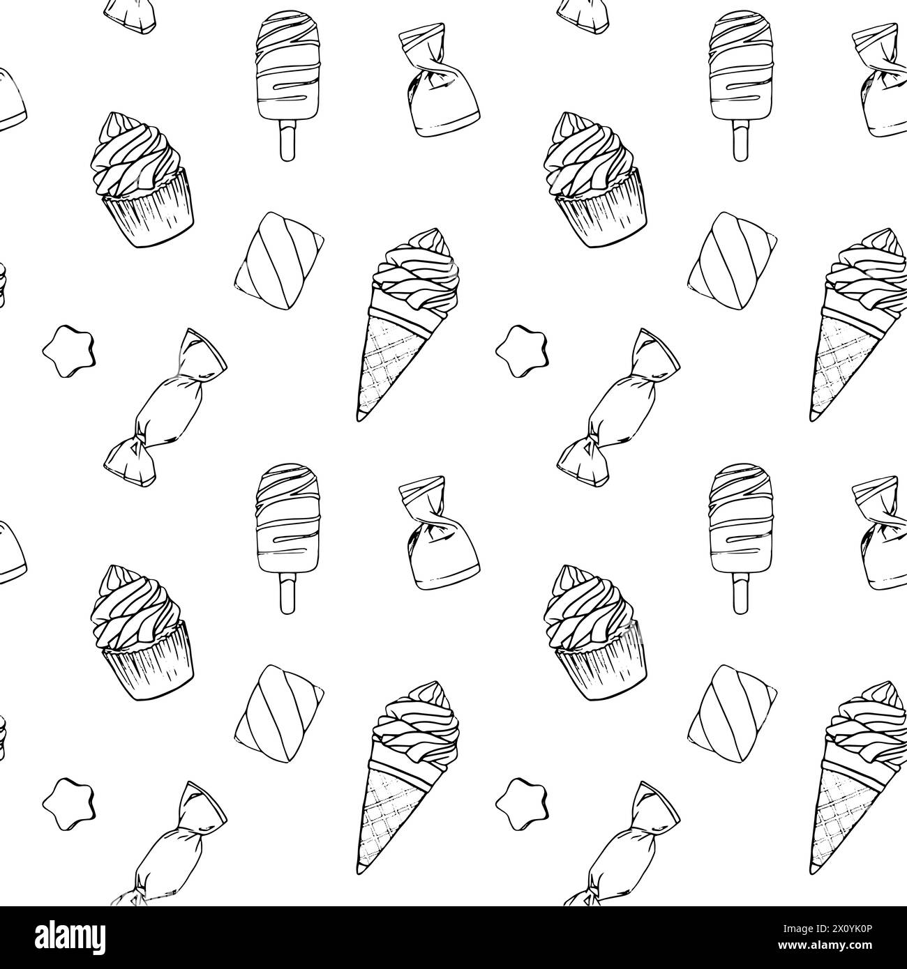 Dolci e caramelle senza cuciture. Dessert in stile sketch. Illustrazione vettoriale disegnata a mano isolata su sfondo bianco Illustrazione Vettoriale