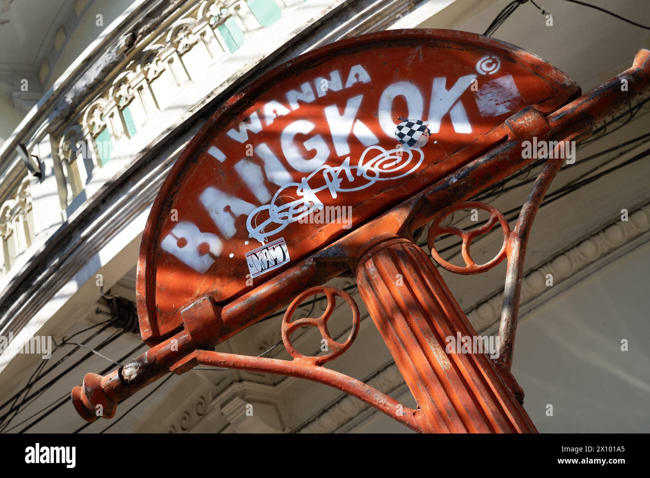 I Want Bangkok Street Sign in the Song Wat District Bangkok Thailandia Foto Stock