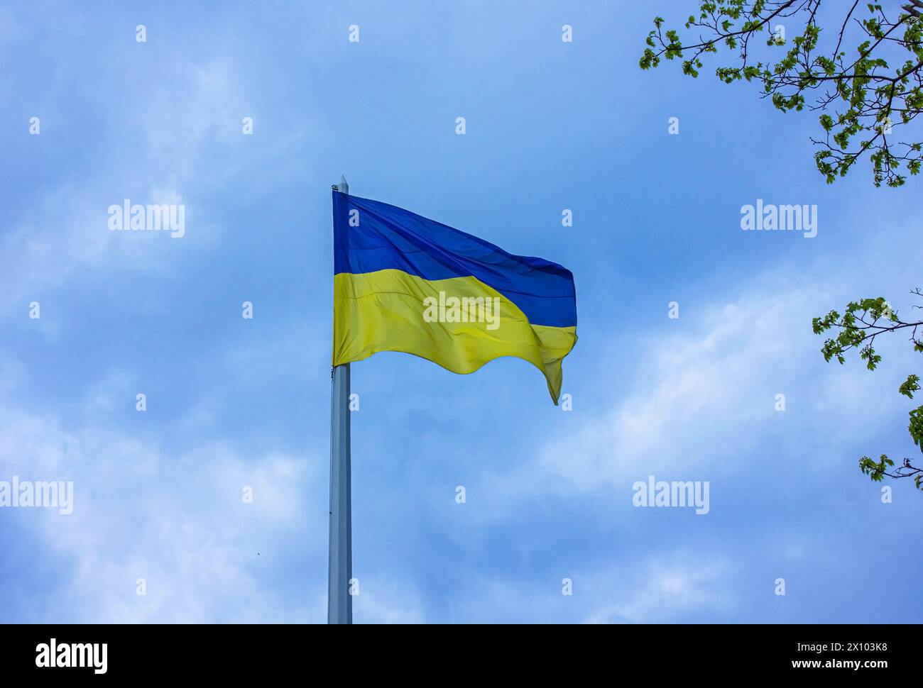 Bandiera Ucraina su un palo sopra il suggestivo cielo blu con spazio copia. Bandiera dell'Ucraina sulla bandiera sul cielo blu. Foto Stock