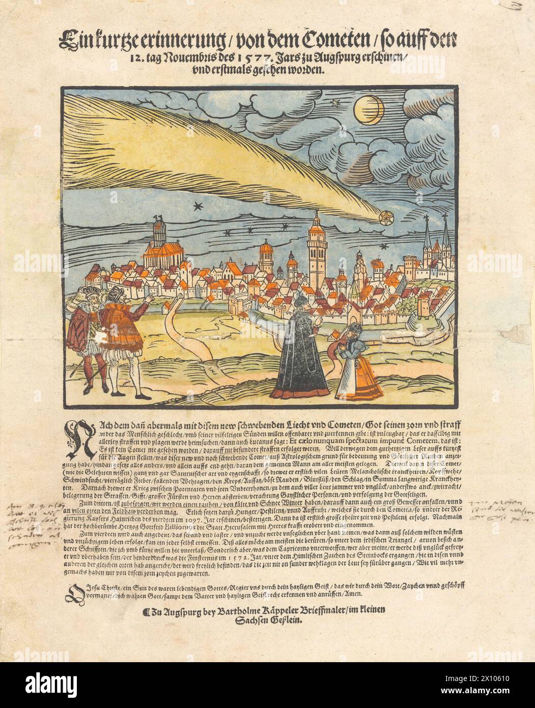 Incisione in legno tedesca d'epoca, del XVI secolo, raffigurante fenomeni celesti. Un breve ricordo della cometa apparsa ad Augusta il 12 novembre 1577 e fu visto per la prima volta. Fonte : Zentralbibliothek Zürich, PAS II 15/17 Foto Stock