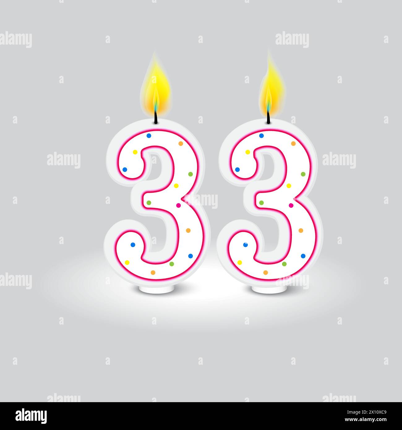 Design delle candele per festeggiare il 33° compleanno. Puntini colorati su due fiamme bianche. Illustrazione vettoriale. EPS 10. Illustrazione Vettoriale