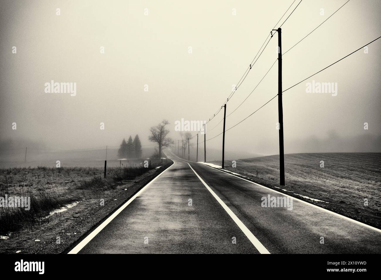 Una linea bianca in mezzo a una strada rurale Foto Stock