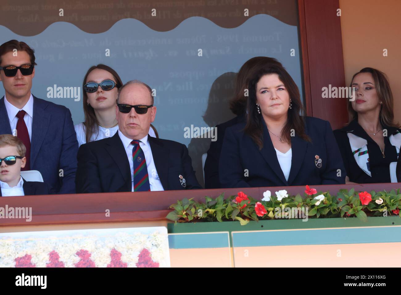 Monaco, Monaco. 14 aprile 2024. Il Principe Jacques di Monaco, il Principe Alberto II di Monaco e Melanie-Antoinette de Massy ai loro posti prima della finale del doppio maschile l'ottavo giorno del Rolex Monte-Carlo Masters al Monte-Carlo Country Club il 14 aprile 2024 a Monte-Carlo, Monaco. Immagine e copyright Thierry CARPICO/ATP Images (CARPICO Thierry/ATP/SPP) credito: SPP Sport Press Photo. /Alamy Live News Foto Stock