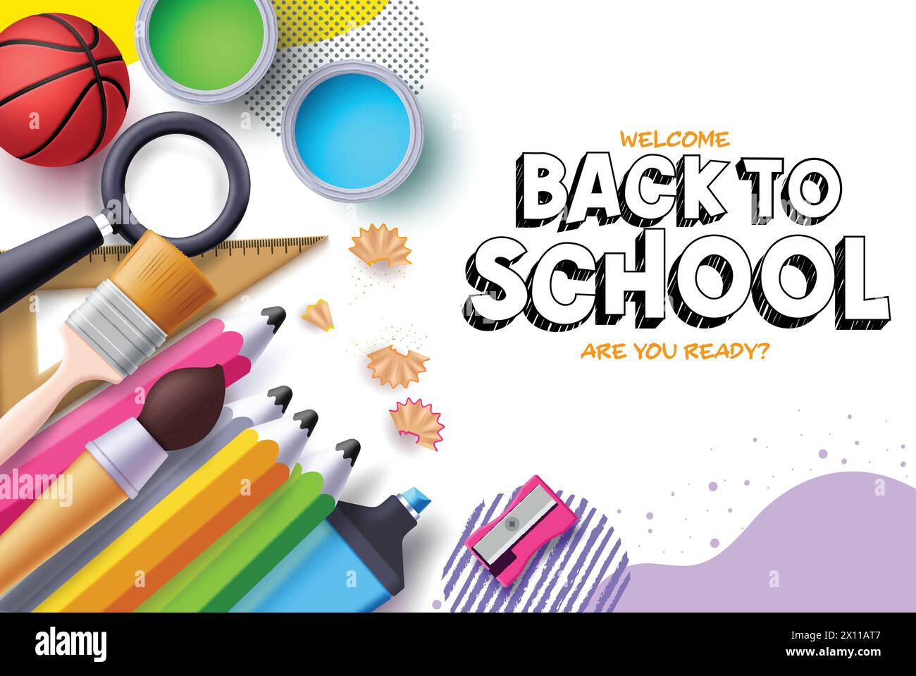 Progettazione del modello vettoriale Back to School. Testo di saluto Back to School in tipografia colorata con matita colorata, orologio ed elementi più nitidi Illustrazione Vettoriale