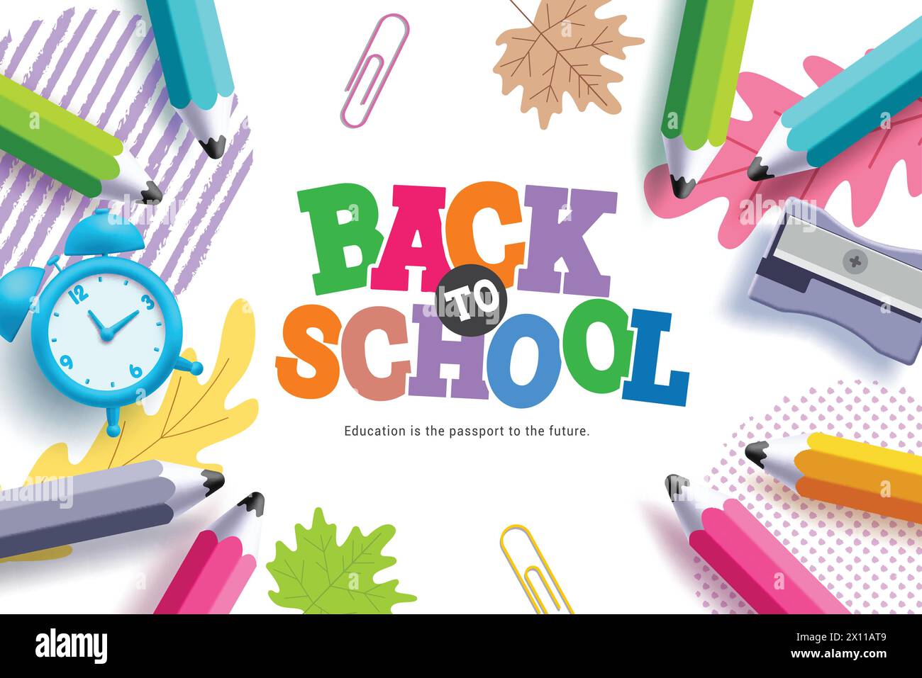 Progettazione del modello vettoriale Back to School. Testo di saluto Back to School in tipografia colorata con matita colorata, orologio ed elementi più nitidi Illustrazione Vettoriale