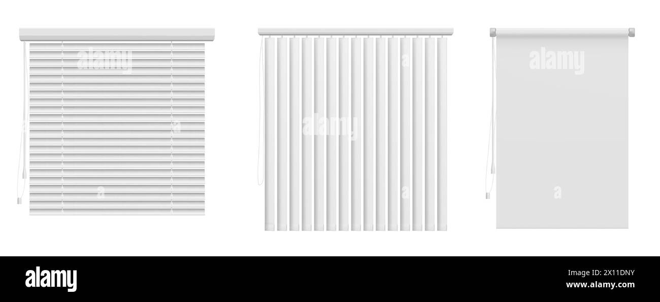 Tendine per finestre isolate su sfondo bianco. Illustrazione vettoriale realistica di persiane bianche orizzontali e verticali, paralume jalousie per la casa, gli interni dell'ufficio, il parasole in metallo e tessuto Illustrazione Vettoriale