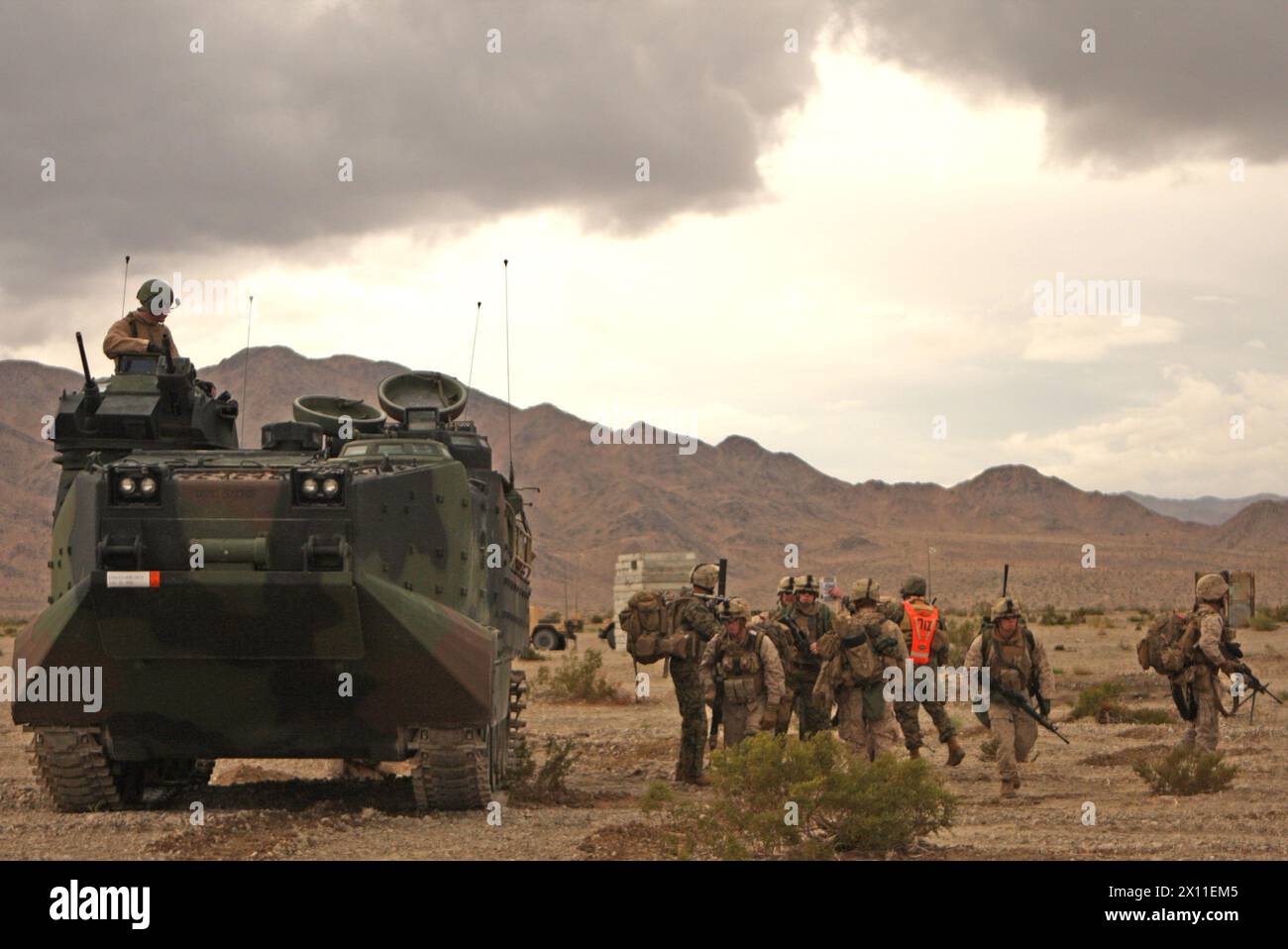Marines e marinai con compagnia C, 1st Battalion, 2nd Marine Regiment, scaricamento da veicoli d'assalto anfibi, 20 gennaio 2010 prima di assaltare Combat Center Range 210. La società è stata costretta a interrompere la formazione a causa delle condizioni meteorologiche avverse. Foto Stock