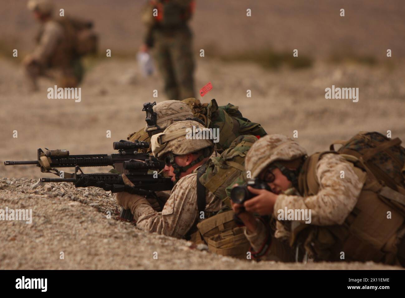 I marines con la compagnia C, 1st Battalion, 2nd Marine Regiment, forniscono fuoco soppressivo ai loro compagni Marines per precipitarsi verso il Combat Center Range 210, 20 gennaio 2010 come parte dell'addestramento Enhanced Mojave Viper del battaglione. Foto Stock