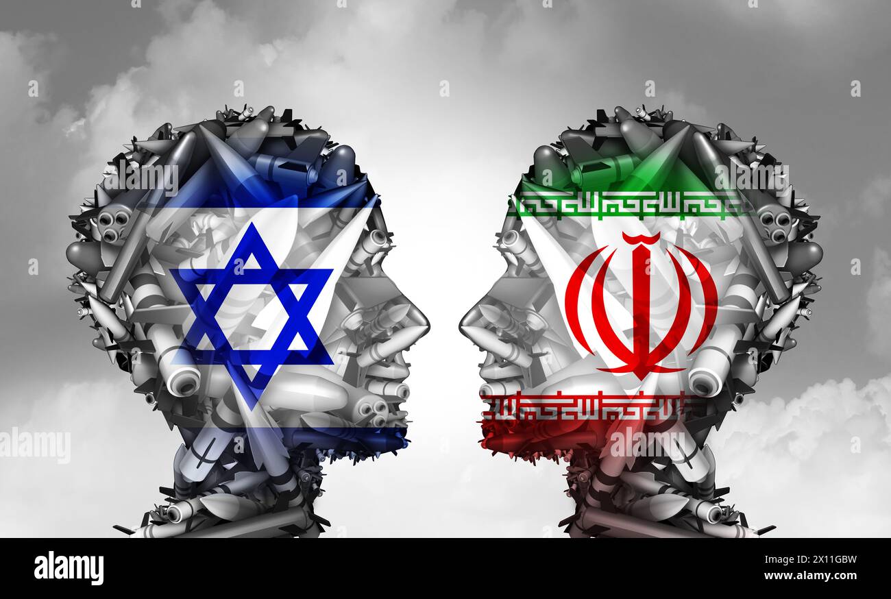 Conflitto missilistico iraniano e concetto di crisi mediorientale iraniana israeliana come problema di escalation del rischio di sicurezza a causa di controversie geopolitiche come regio Foto Stock