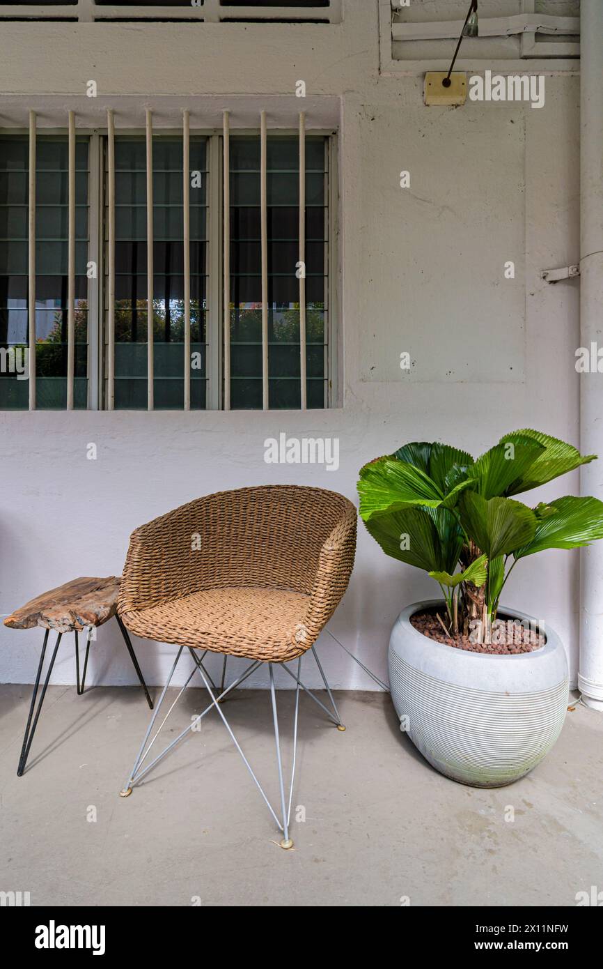 Dettaglio urbano di una sedia e una pianta di vaso fuori da una casa nella pittoresca enclave di Tiong Bahru Estate, Singapore Foto Stock