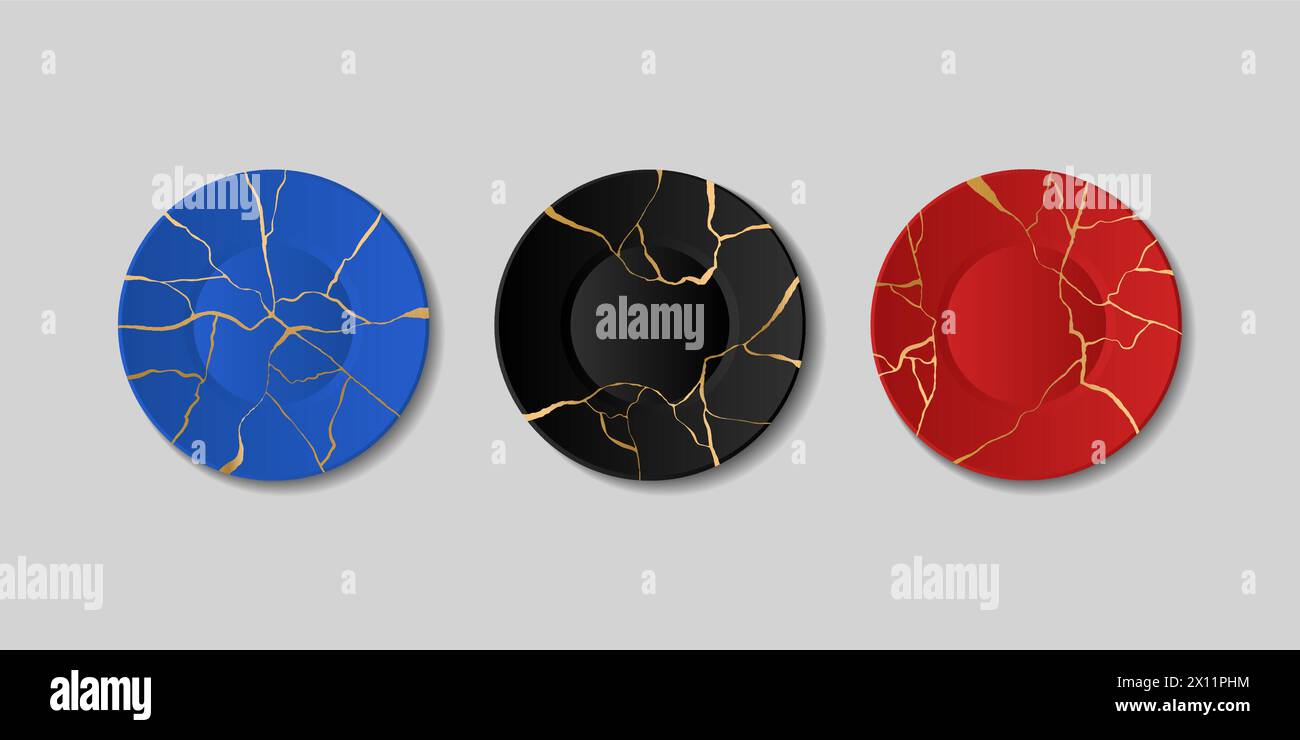 Piatti Kintsugi, piatti rotti con crepe dorate, arte giapponese di riparazione. Riparazione di ceramiche incrinate con un set vettoriale di lastre in marmo dorato. Nero Illustrazione Vettoriale