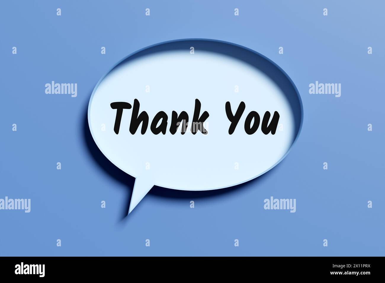 La parola "grazie" scritta su una bolla di discorso. Esprimere gratitudine, riconoscimento e apprezzamento. Rendering 3D. Foto Stock