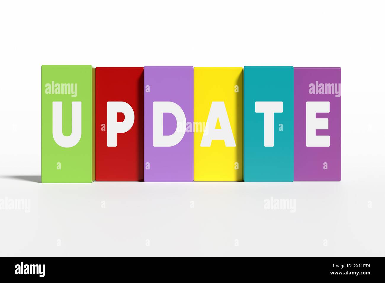 La parola "aggiornamento" su colorati blocchi di legno su sfondo bianco. È ora di aggiornare il software. Annuncio degli aggiornamenti. Rendering 3D. Foto Stock