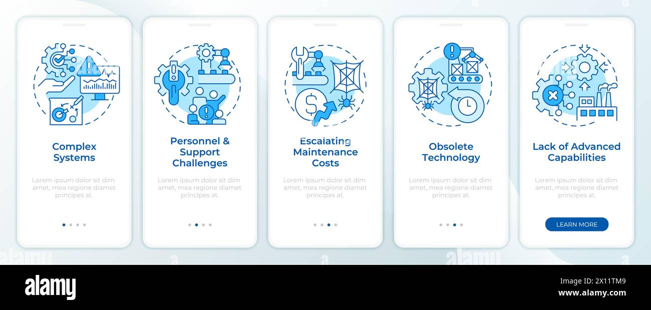 Schermata blu dell'app mobile onboarding per l'efficienza aziendale Illustrazione Vettoriale