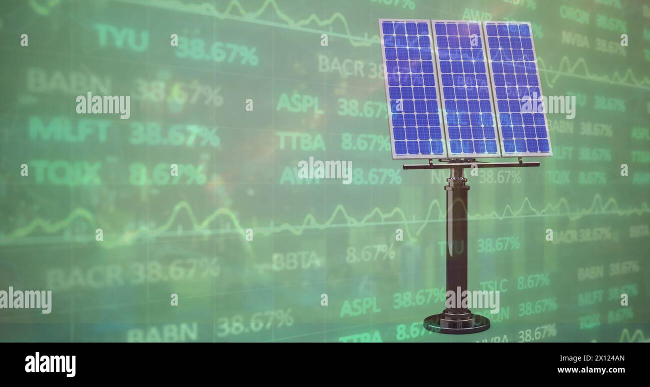 Immagine del mercato azionario su pannello solare su sfondo verde Foto Stock