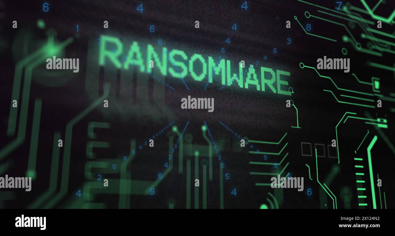 Immagine del segno x sul testo ransomware sul modello della scheda a circuiti stampati e modifica dei numeri sullo sfondo Foto Stock