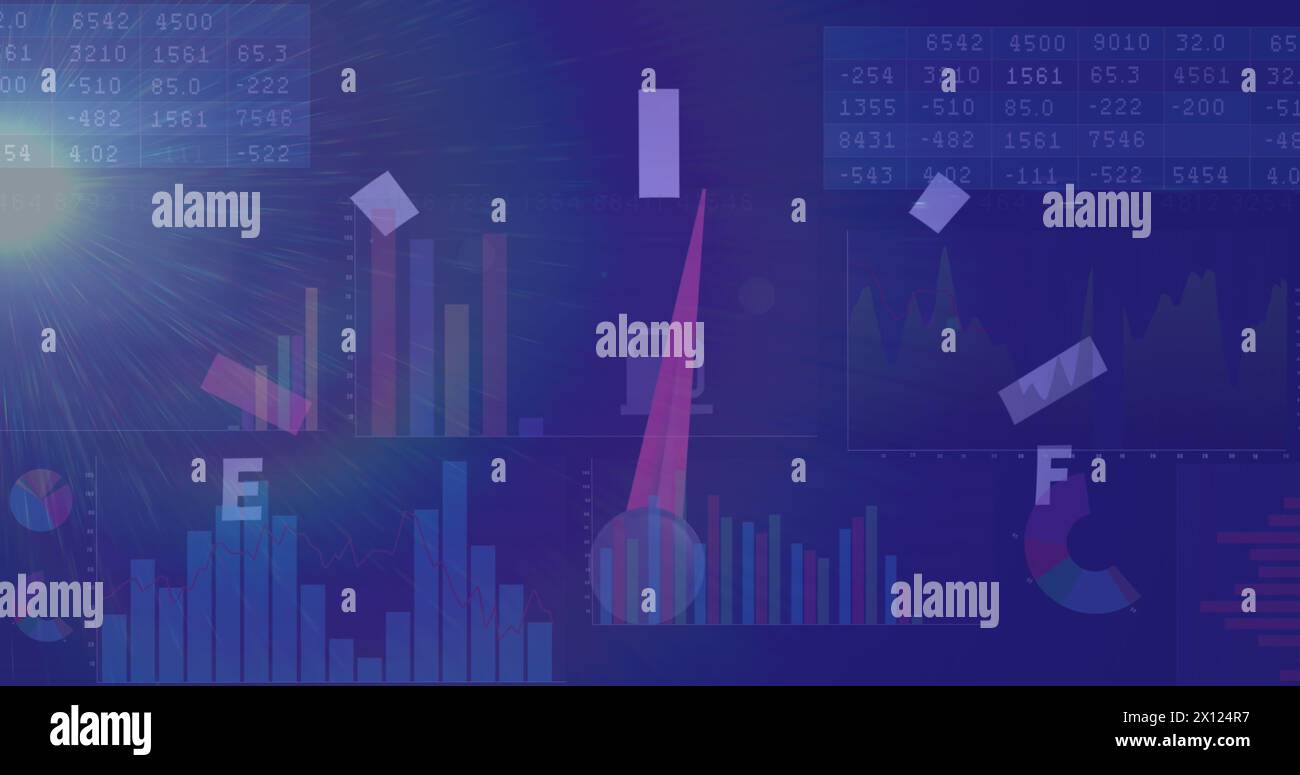 Immagine del tachimetro e dell'elaborazione dei dati statistici su un punto luminoso su sfondo blu Foto Stock