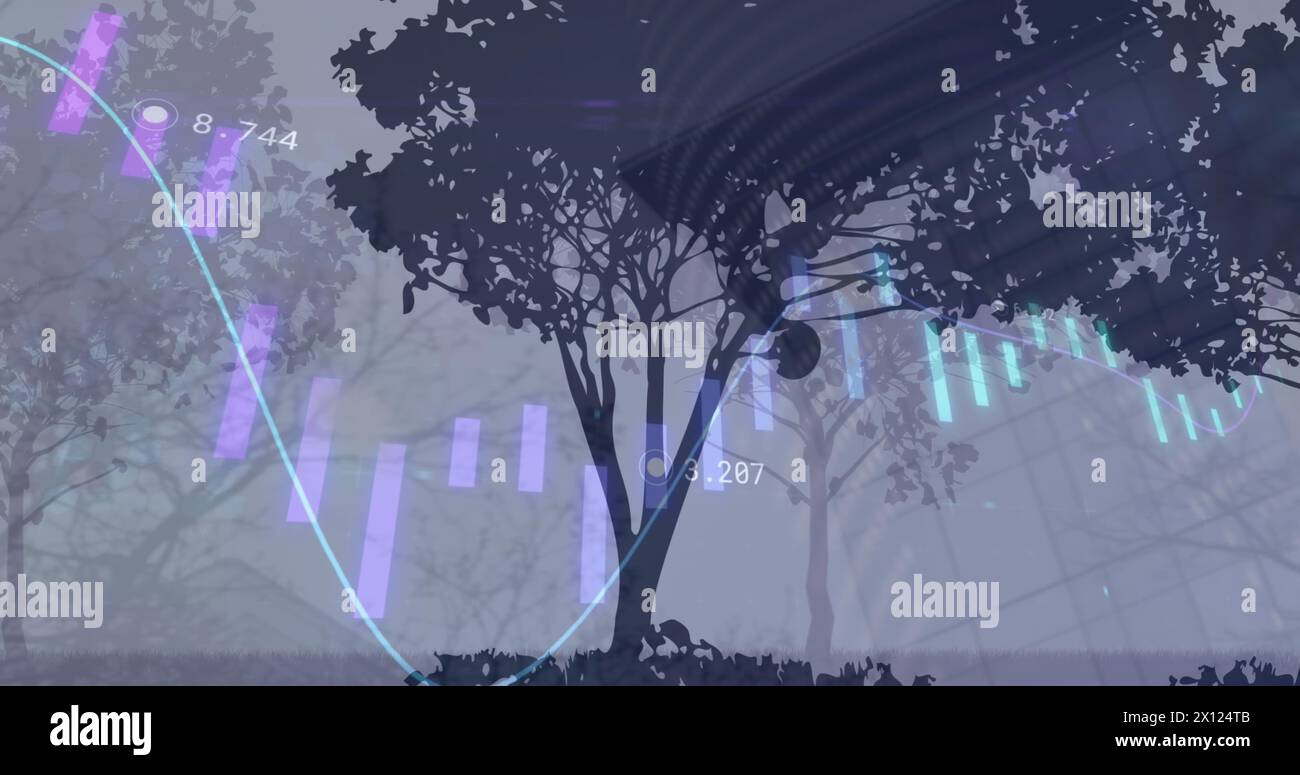 Immagine di grafici con numeri variabili e globo sugli alberi sullo sfondo Foto Stock