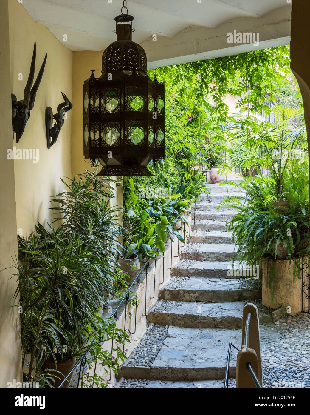 Lampada e scalini marocchini a Mimi Calpe, villa e hotel di lusso francese degli anni '1950 a Tangeri, Marocco Foto Stock