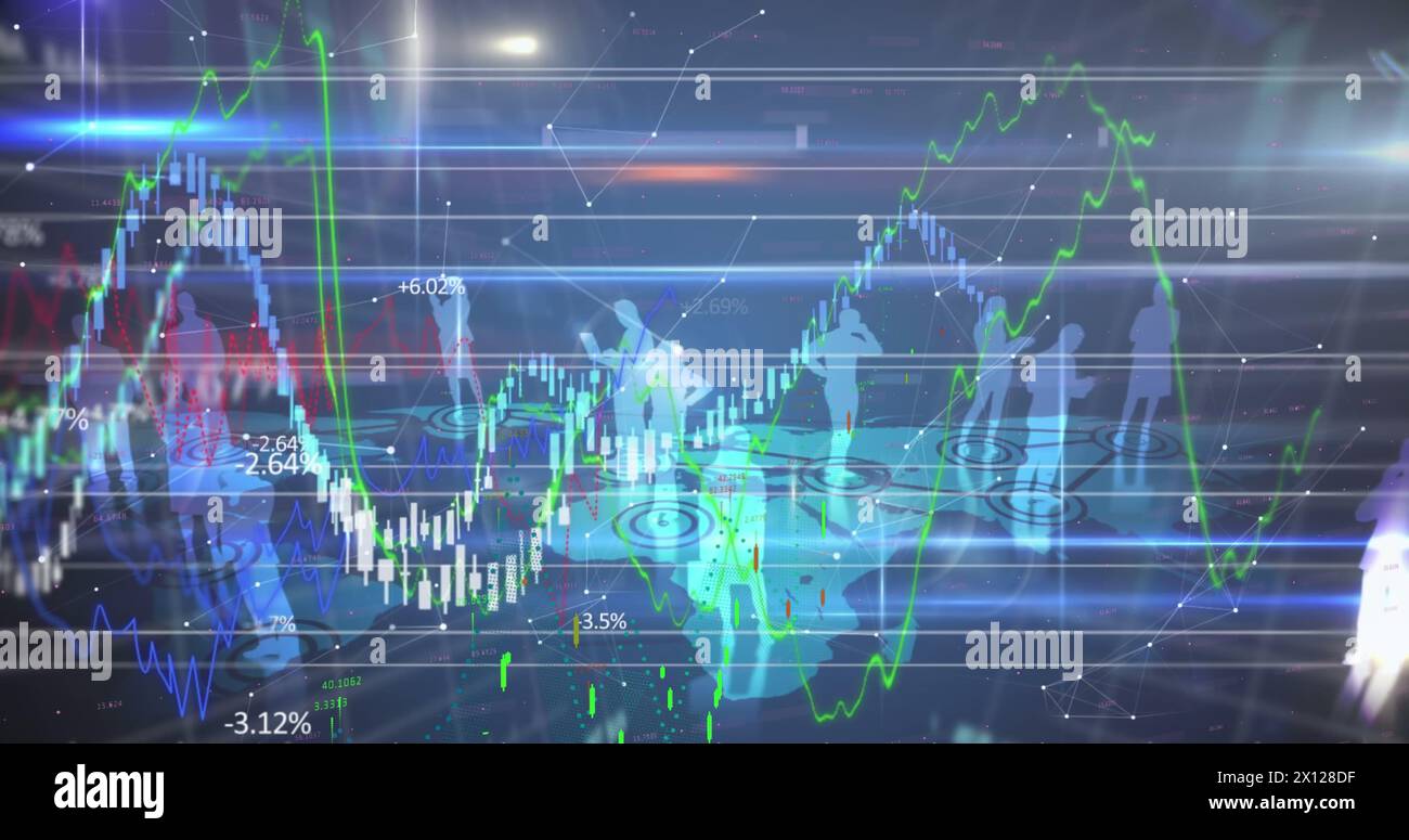 Immagine di grafici, trading board, numeri e riflessi delle lenti sulle rappresentazioni umane sulla mappa Foto Stock