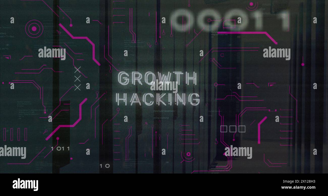 Immagine della crescita di hacking di testo e codici binari sul linguaggio informatico nella sala server Foto Stock