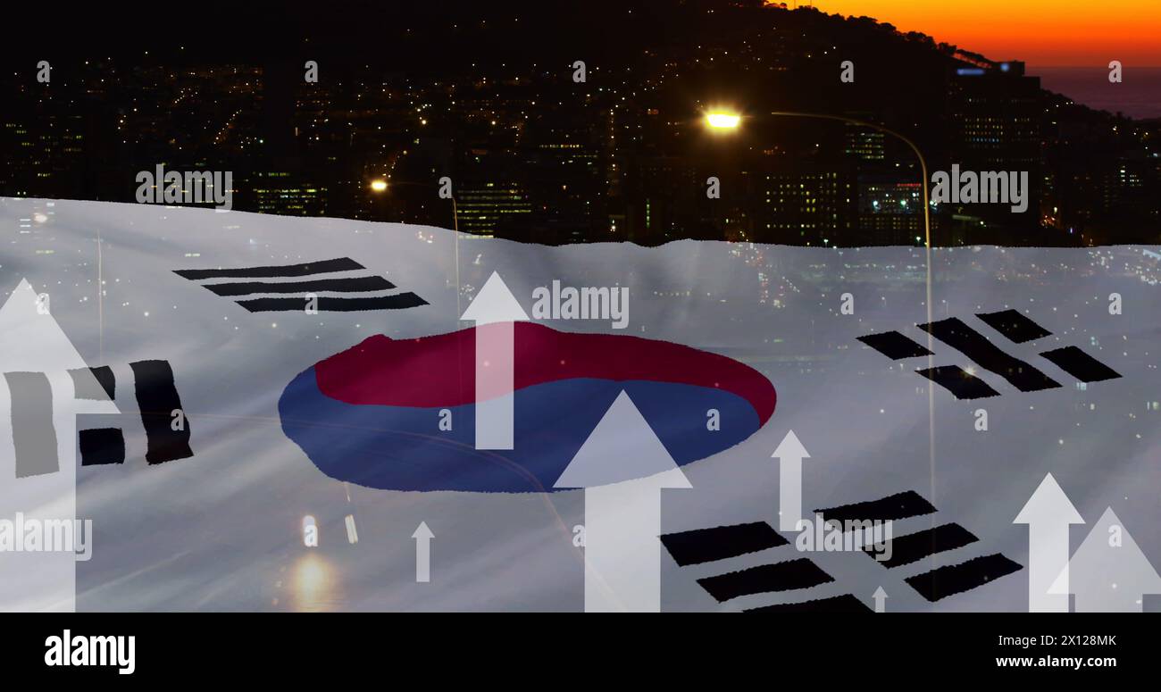 Immagine di frecce bianche e bandiera della corea del Sud sopra la città Foto Stock