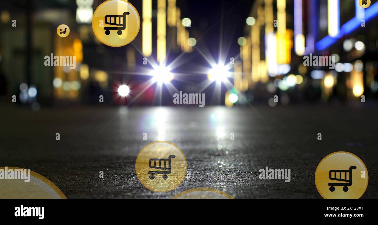Immagine delle icone del carrello della spesa su una vista ad angolo basso dell'auto che si muove su strada in città Foto Stock