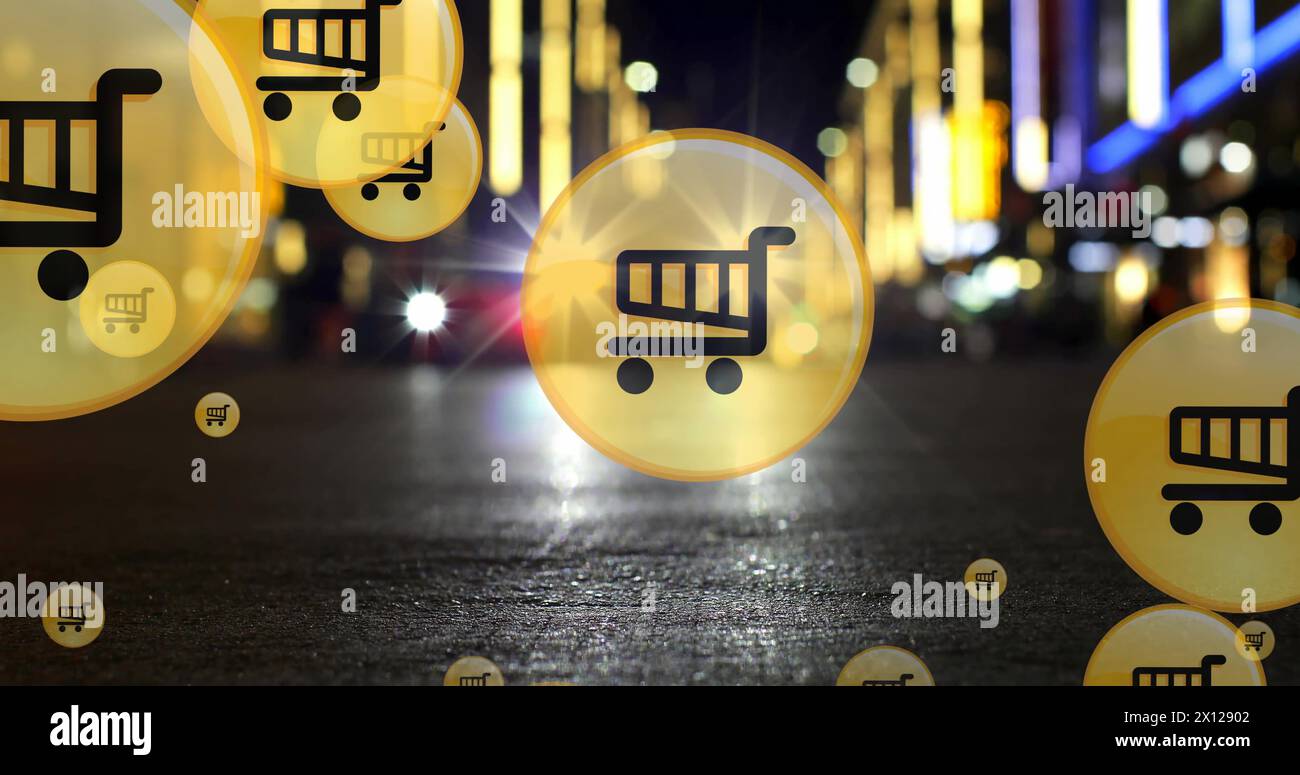 Immagine delle icone del carrello della spesa su una vista ad angolo basso dell'auto che si muove su strada in città Foto Stock