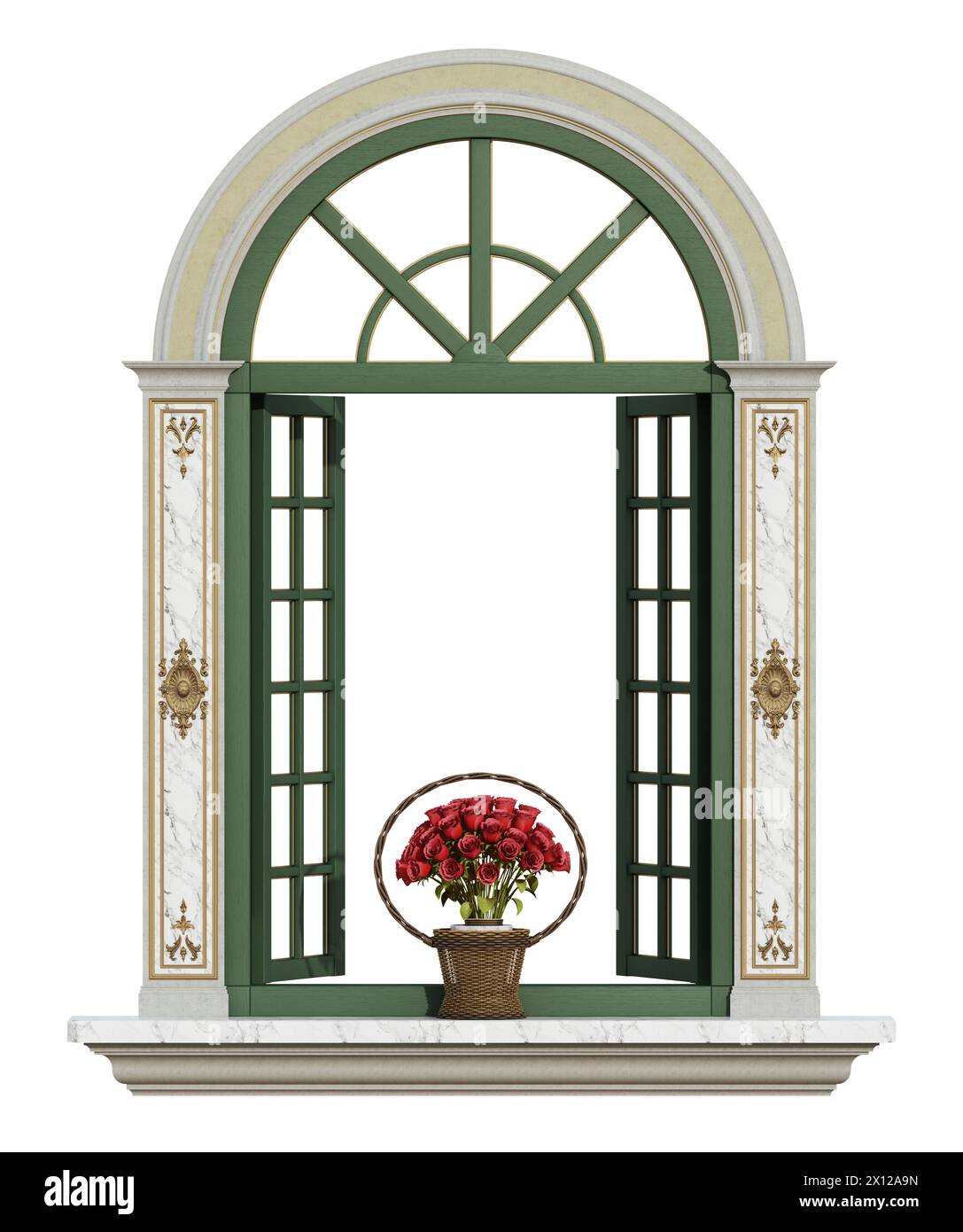 Design sofisticato delle finestre con persiane verdi e decorazioni ornamentali, con un cesto di fiori rossi vivaci isolati sul bianco - rendering 3d. Foto Stock