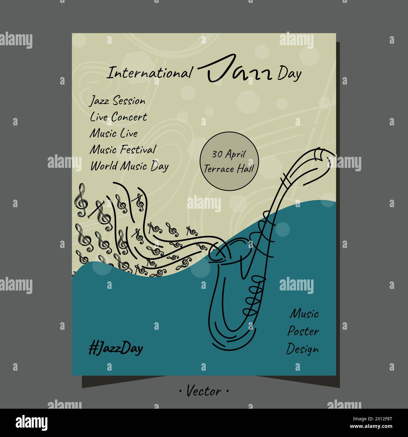 Poster musicale, giornata internazionale del jazz, giornata mondiale della musica con design tipografico della linea di sassofono. Illustrazione Vettoriale