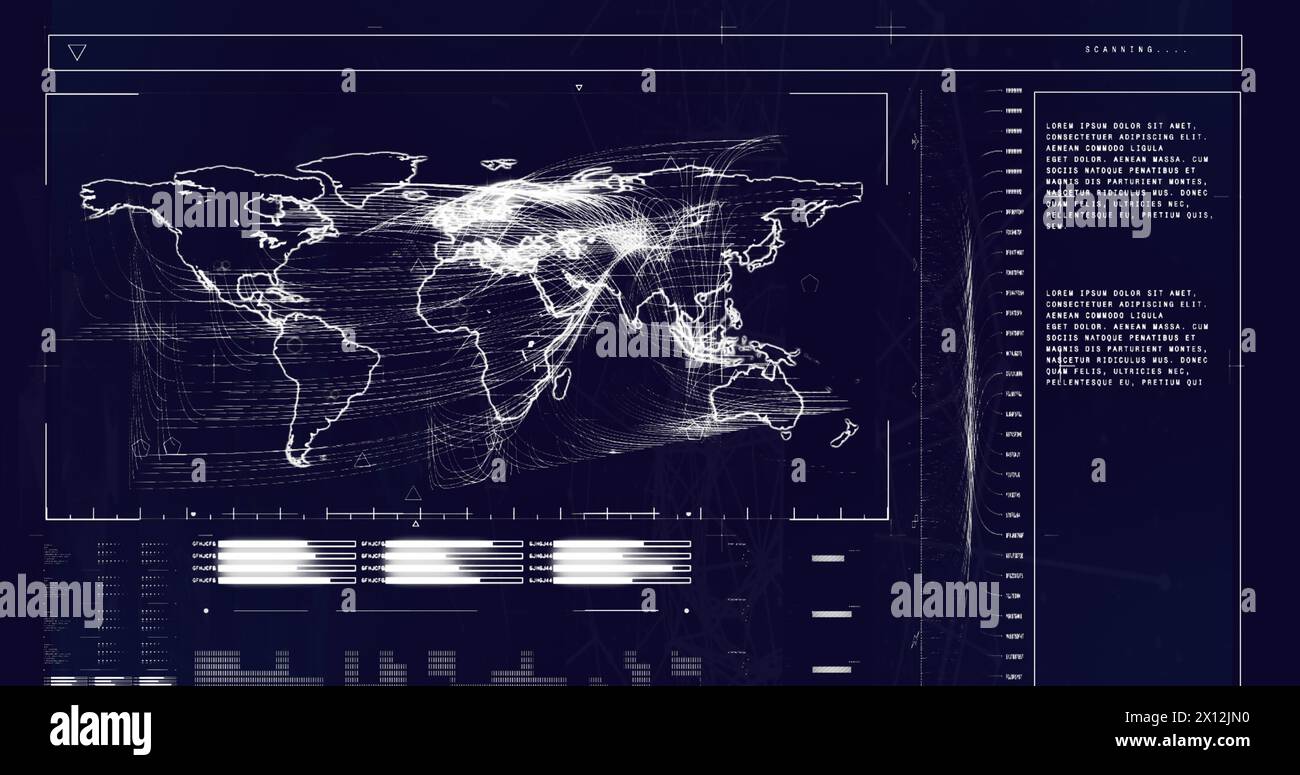 Immagine dell'elaborazione dei dati con mappa mondiale su sfondo nero Foto Stock