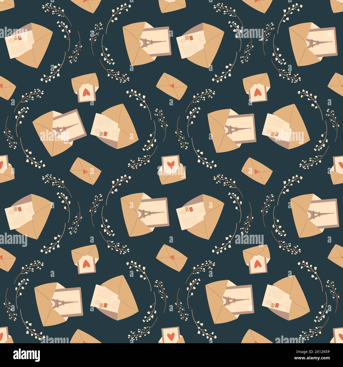 Busta aperta in Francia con motivo senza cuciture per carte di credito. Lettere della Torre Eiffel sfondo infinito. I simboli di Parigi con i fiori ripetono la copertina. Immagine piatta vettoriale Illustrazione Vettoriale