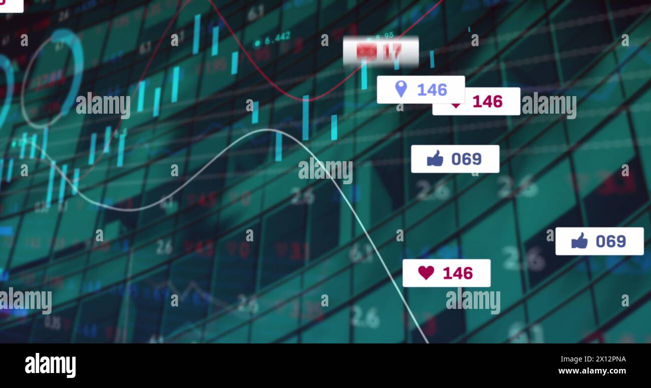 Immagine di barre di notifica, grafici multipli, cerchi di carico e trading board nell'edificio Foto Stock