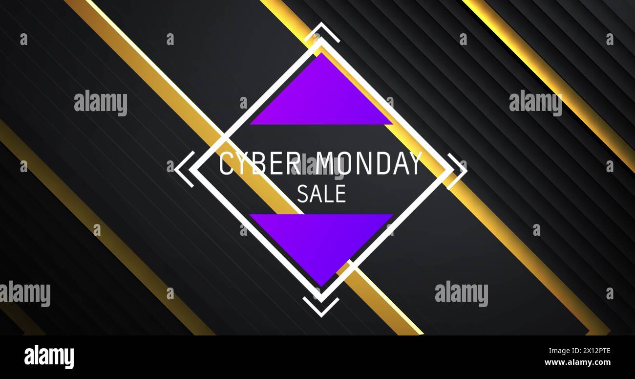Testo del Cyber monday in bianco con triangoli viola su strisce dorate diagonali su sfondo nero Foto Stock