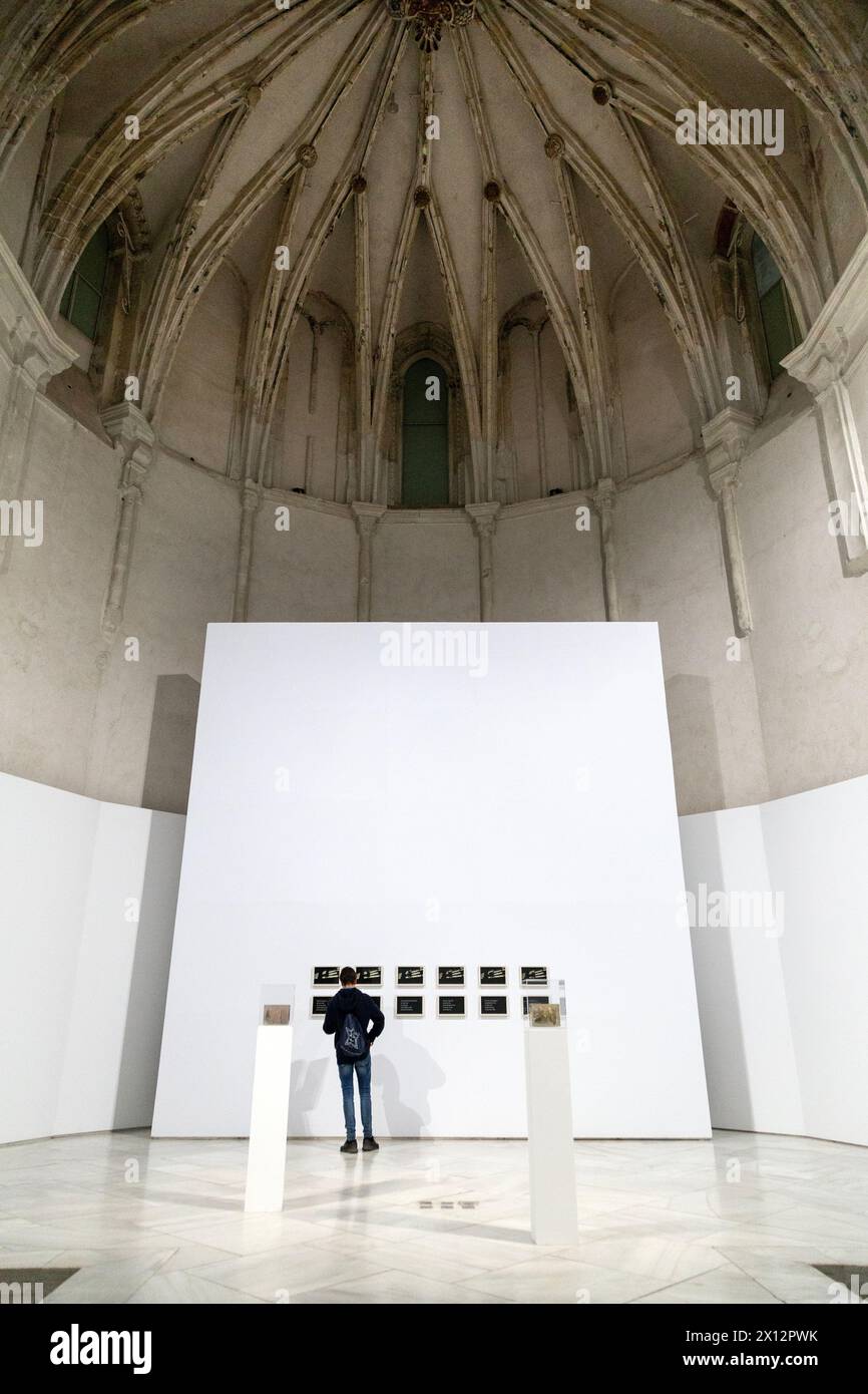 Uomo che guarda la mostra all'interno del Museo andaluso di Arte Contemporanea, Siviglia, Spagna Foto Stock