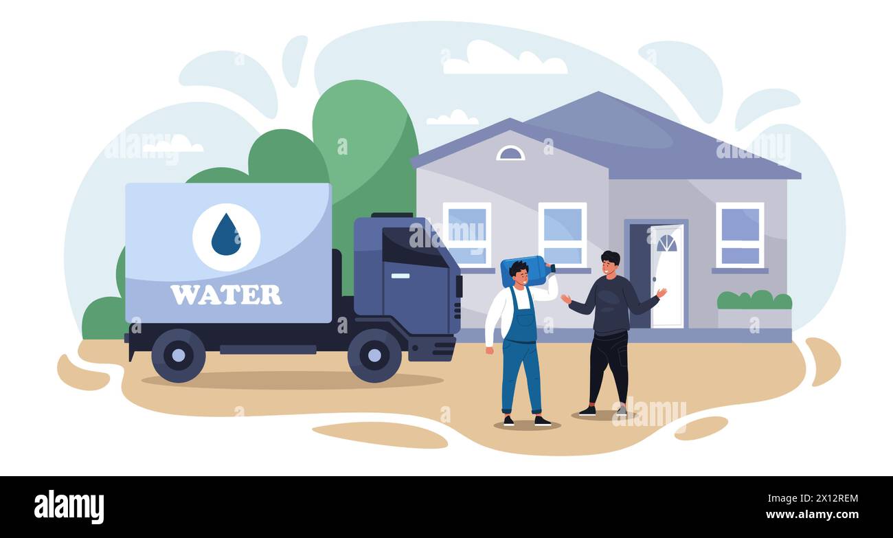 Concetto di erogazione dell'acqua. Personaggi dei cartoni animati con bottiglia di acqua minerale e serbatoio, servizio di consegna online di bevande pulite. Illustrazione isolata vettoriale Illustrazione Vettoriale