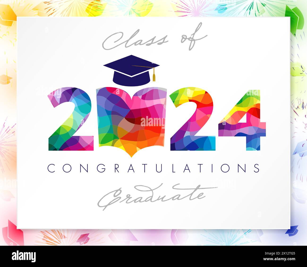 Carino biglietto d'auguri per laureati di classe 2024. Congratulazioni, banner per la scuola di specializzazione. Numero creativo 2024 a colori con icona Open Book. Isolato Illustrazione Vettoriale