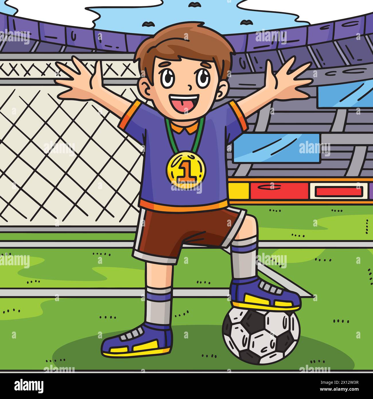 Ragazzo di calcio che indossa un cartone animato color medaglia Illustrazione Vettoriale